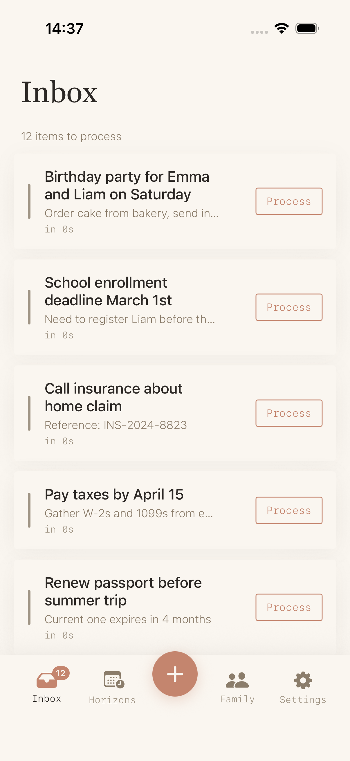 Recursa Inbox for quick capture of family obligations